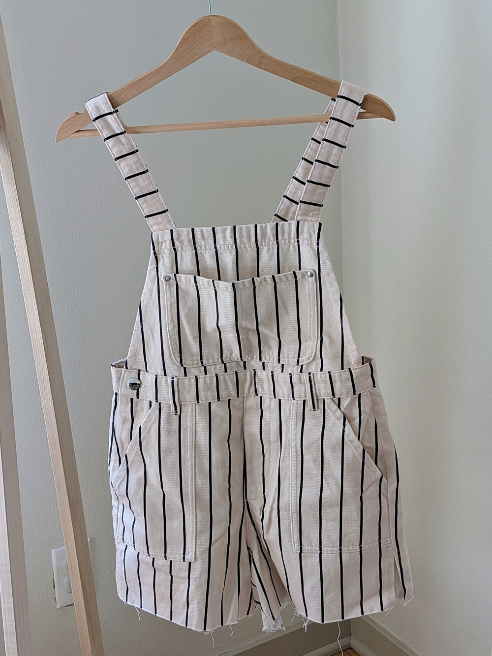 NWT We Wore What Vertical Striped Slit Overall Shorts In Ivory/Black - S